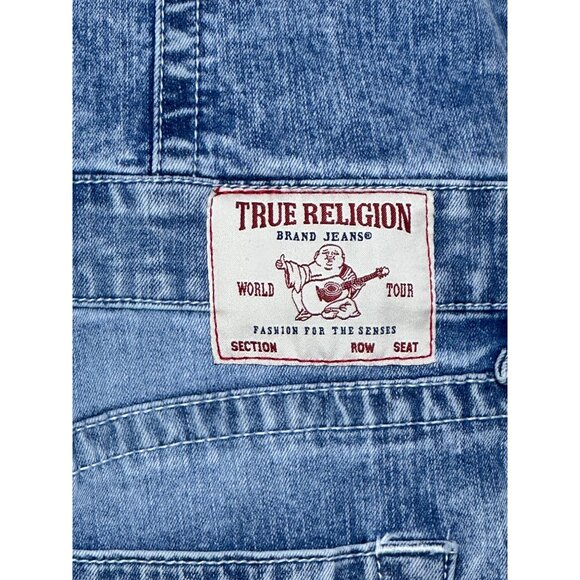 True Religion Denim Jumpsuit Womens XL Blue Front Zip Slit Distressed Overalls - Picture 11 of 14